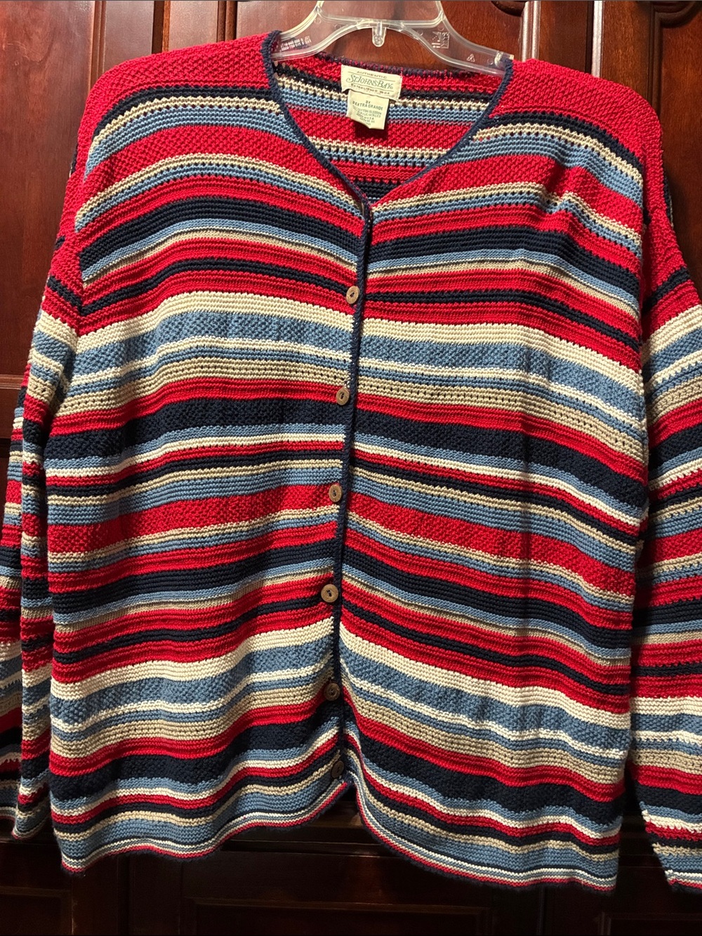 St. John’s Bay vintage Striped Red & Navy Cotton Button-Front Women's Sweater